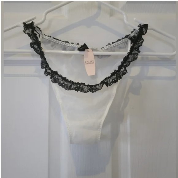 Victoria's Secret white sheer black lace trim teddy sleepwear underwear set M nw - Picture 5 of 8